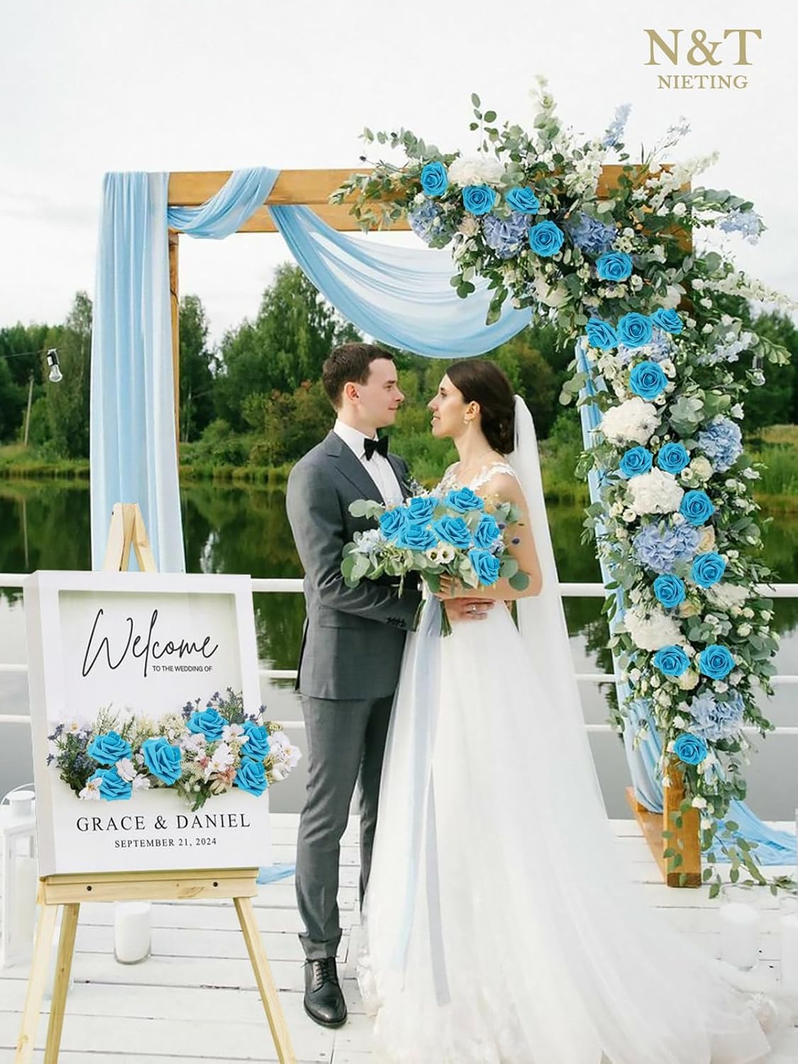 N&T NIETING Artificial Flowers 50pcs Real Looking Blue Foam Fake Roses with Stems for DIY Wedding