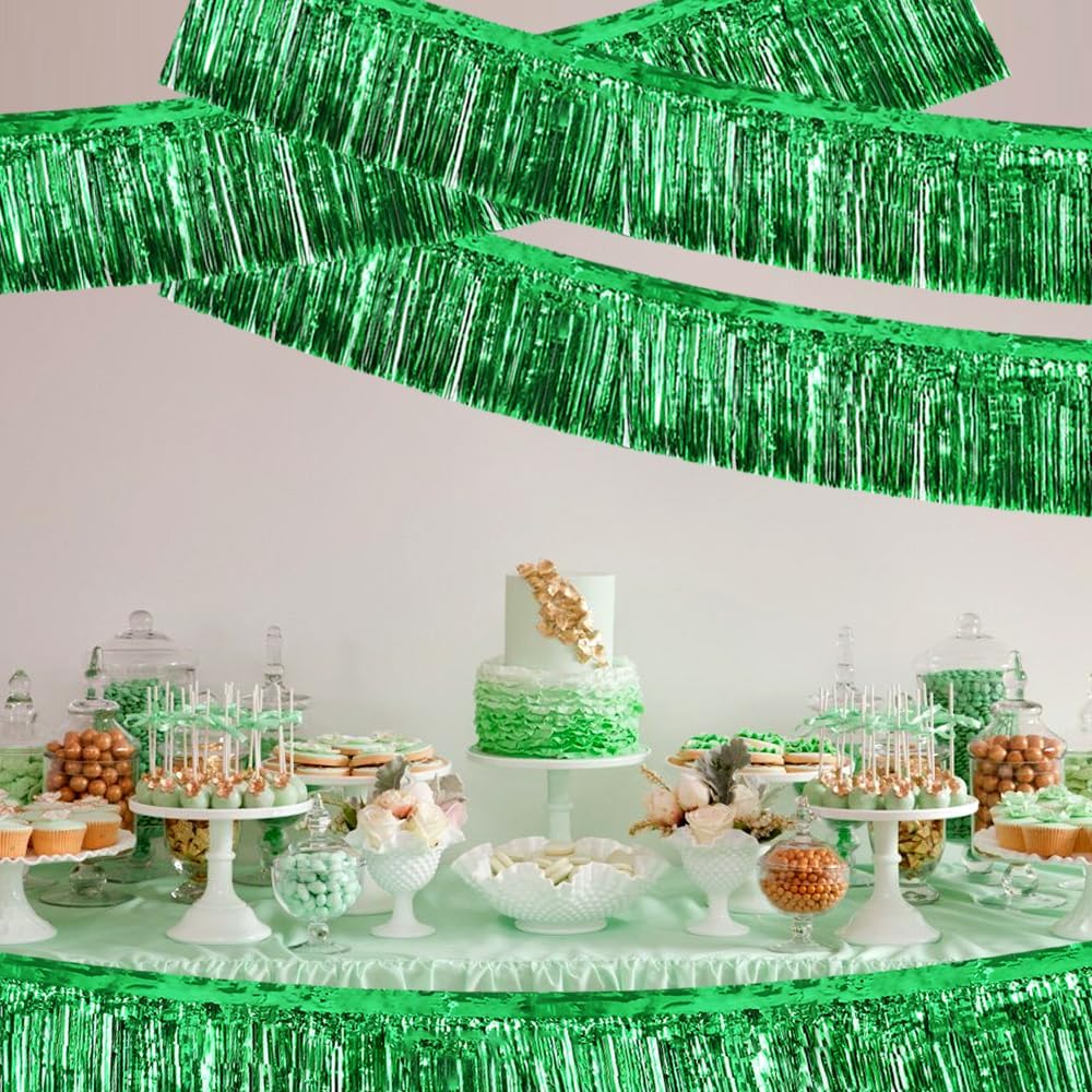 BEISHIDA 3 Packs Metallic Foil Fringe Garland Green Wall Hanging Tinsel Fringe Banner for Halloween
