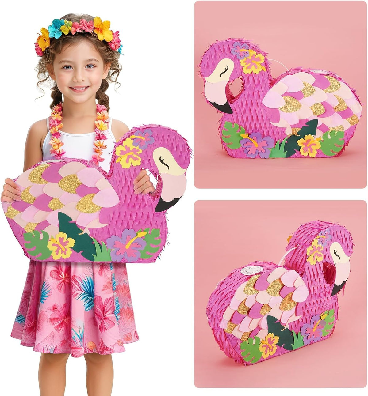 WERNNSAI Flamingo Piñata - Pink Piñata Bundle with Blindfold and Bat for Girls Kids Tropical