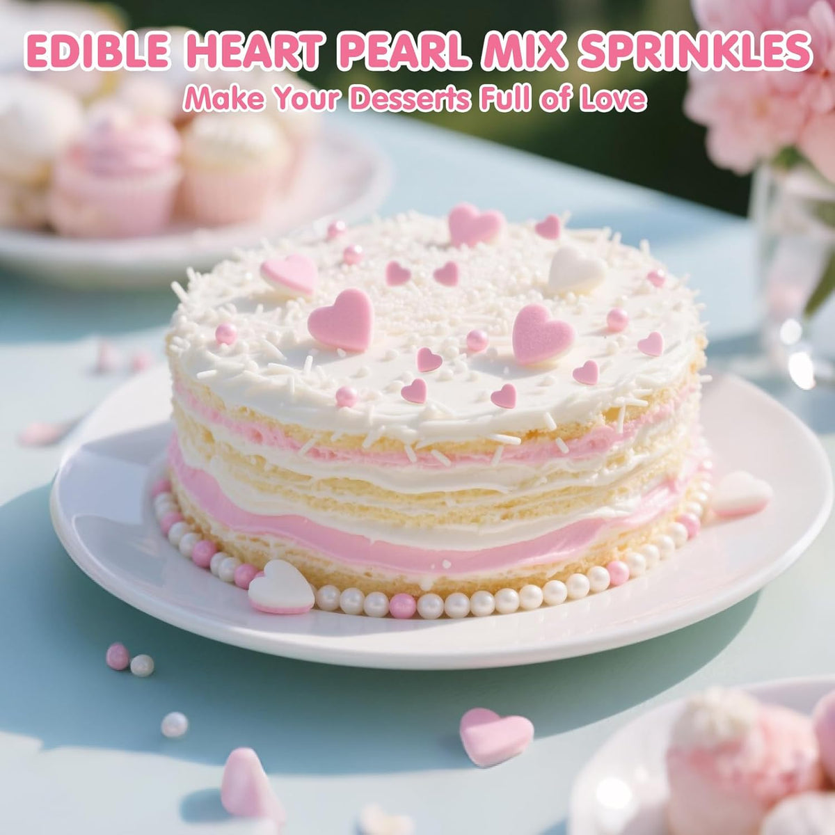 Edible Heart Sprinkles for Cake Decorating,White Pink Pearl Sugar Jimmies Mix Size