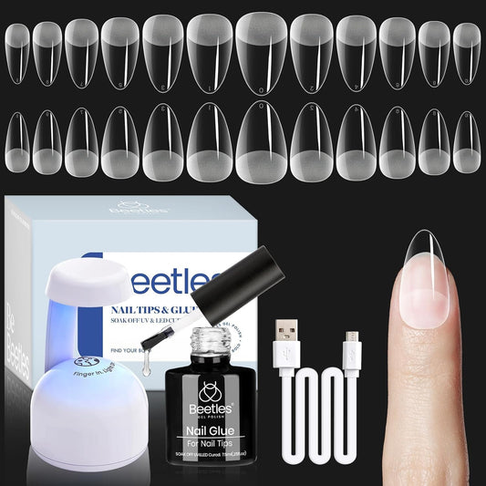 Beetles Gel Nail Extension Kit Almond Shape, Easy 9 in 1 Glue Uv Led Set Etch X Nail Tips Short