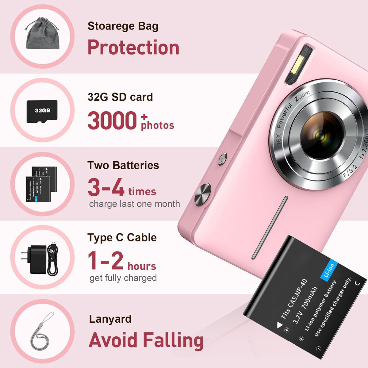Digital Camera, FHD 1080P Digital Point and Shoot Camera with 16X Zoom Anti Shake, Compact Small