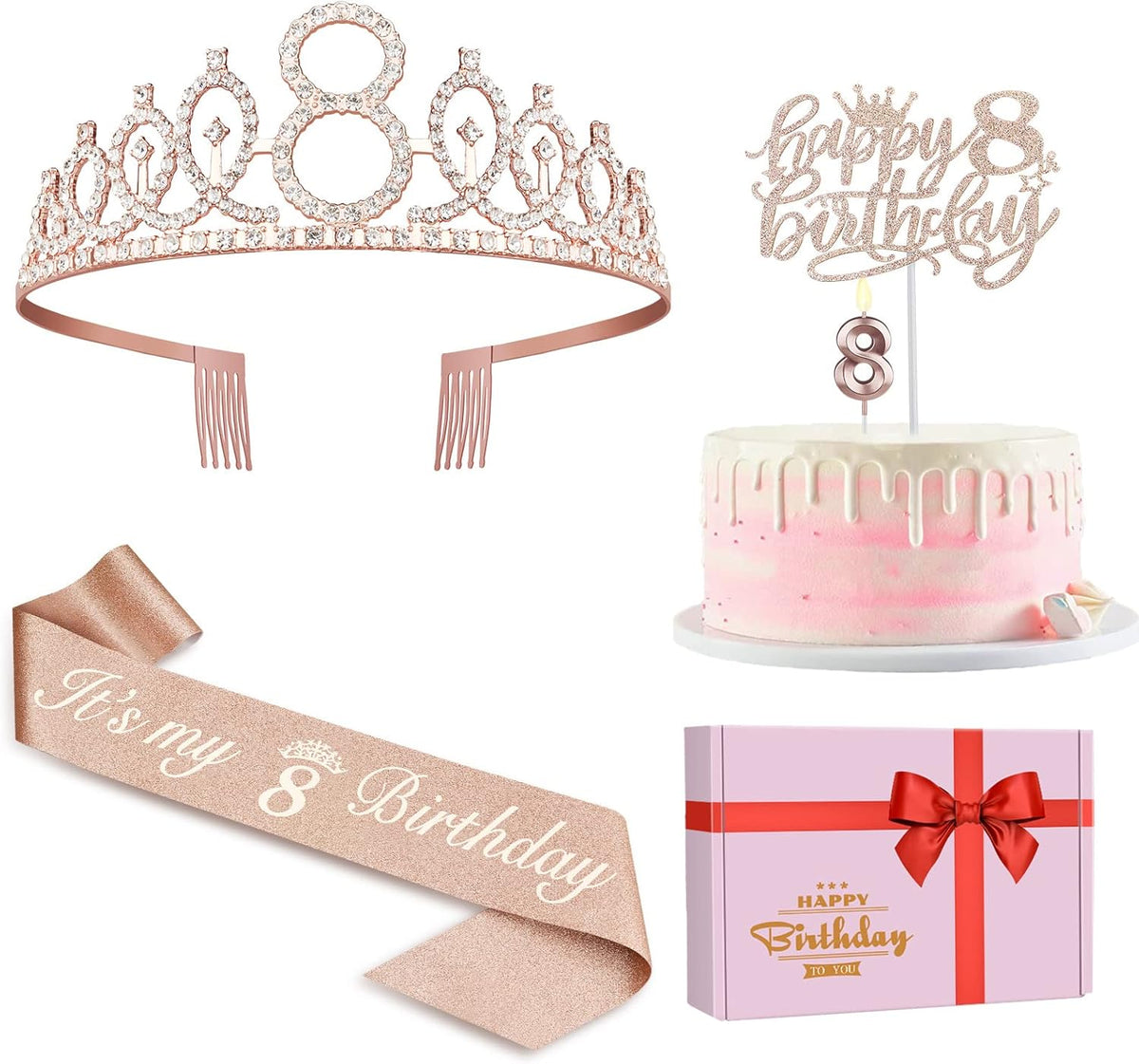 8th Birthday Decorations for Girl Including Sash, Crown, Numeral Candle and Cake Topper, 8 Year Old