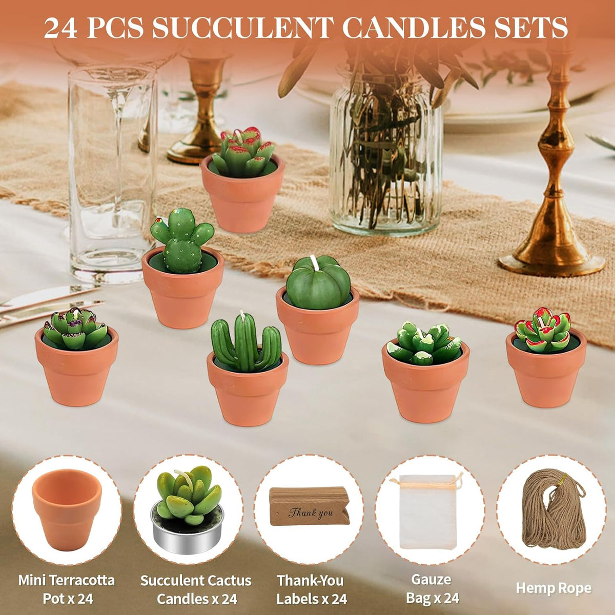 AZEAM 24 Pcs Succulent Candles Party Favors, Bulk Cactus Table Decor with Mini Terracotta Holders