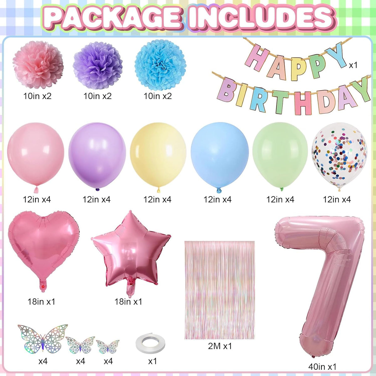 Pastel 7th Birthday Party Decorations for Girls Number 7 Balloon Happy Birthday Banner Butterfly