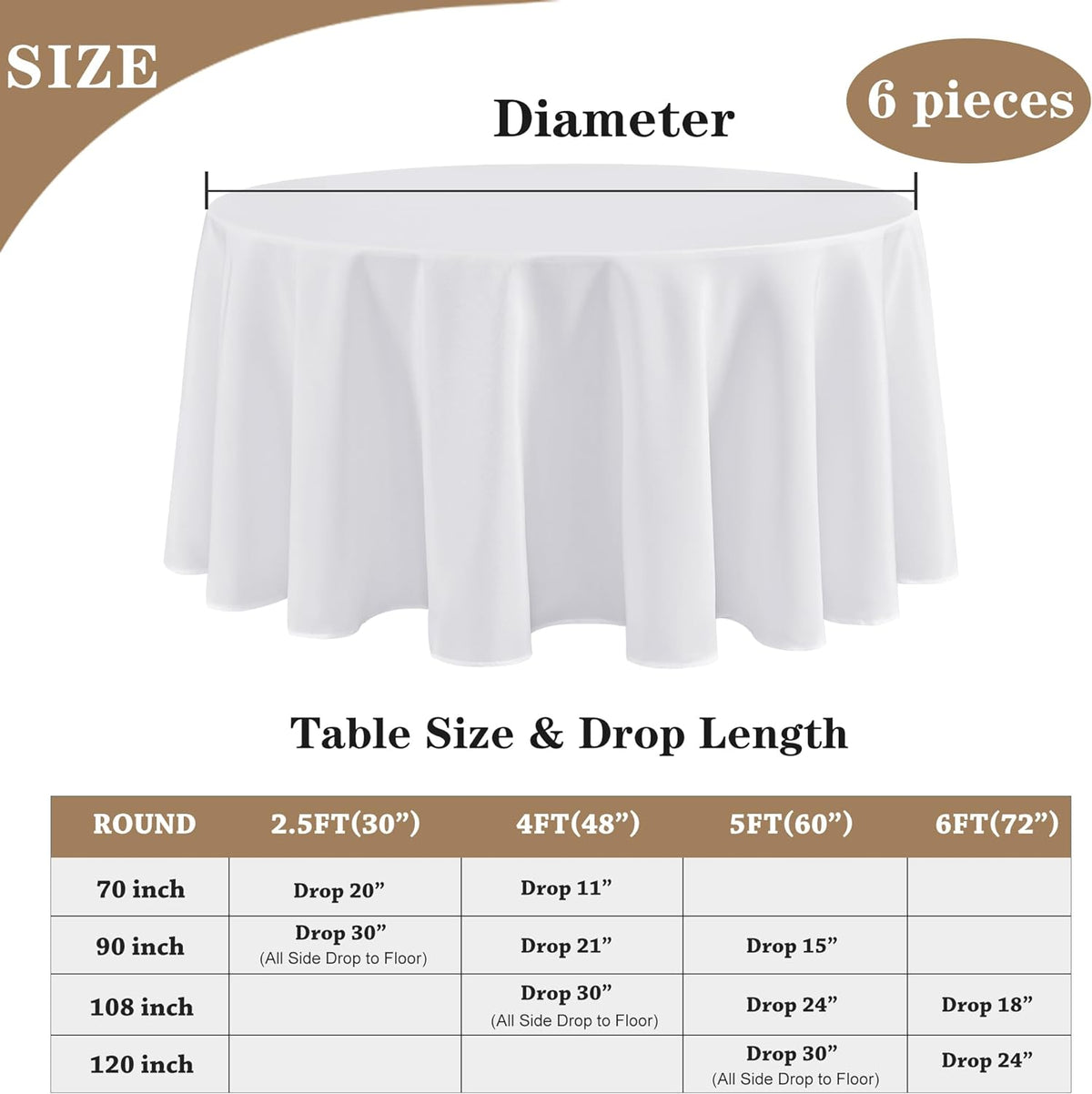 Fitable 6 Pack White Round Table Clothes - 90 Inches in Diameter - Stain Resistant and Washable