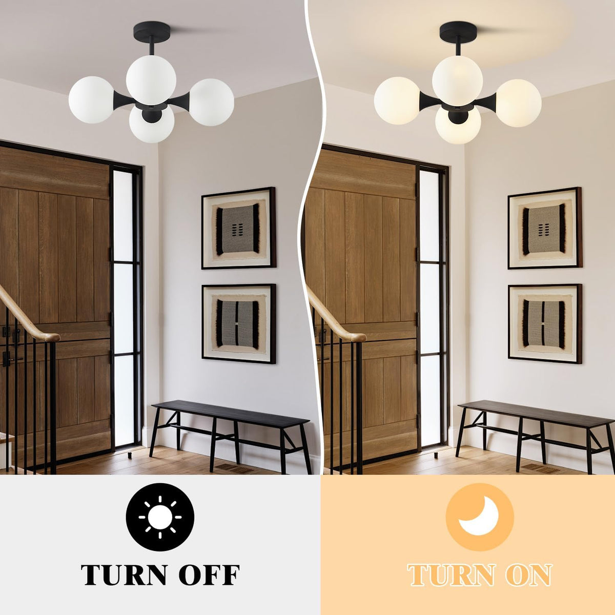 KCO Lighting Mid Century Modern Semi Flush Mount Ceiling Light Fixture Farmhouse Black Globe