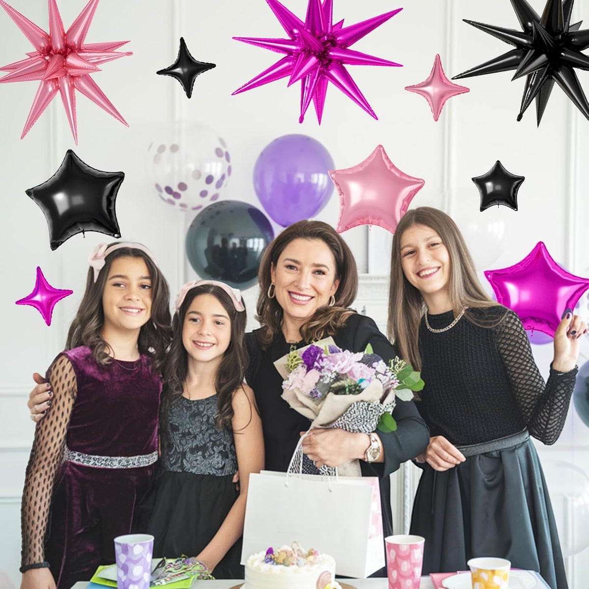 16 Pcs Black Hot Pink Star Balloons, 22/18/10 Inch Foil Balloons, Four-Pointed Balloon for Girl