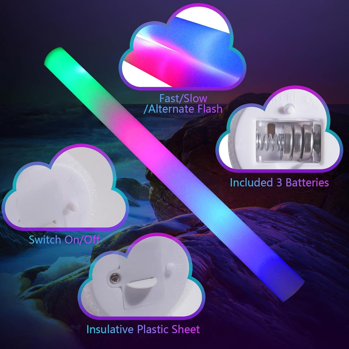 55 PCS Foam Glow Sticks, Foam Light Up Sticks Party Supplies with 3 Mode Colorful Flashing, Glow
