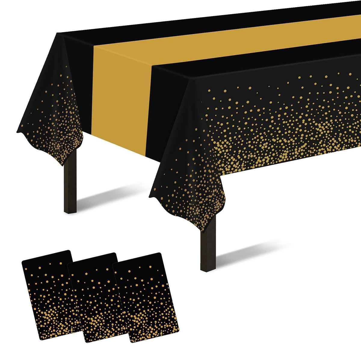 Childom 3 Pack Black and Gold Tablecloths for New Years Eve Party Supplies