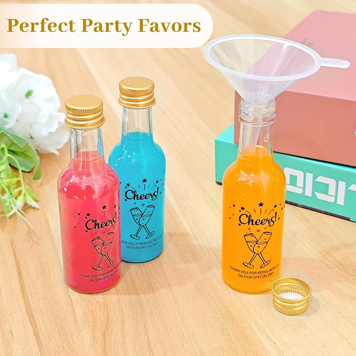 OurWarm 50 Pack Mini Liquor Bottles, 1.7oz/50ml Mini Shot Bottles with Gold Screw Caps Funnels Tags