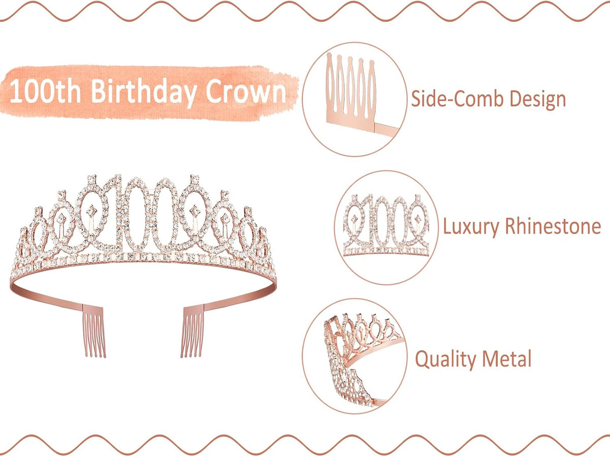 100th Birthday Decorations Women, Including Birthday Crown/Tiara, Sash, Cake Topper and Candles