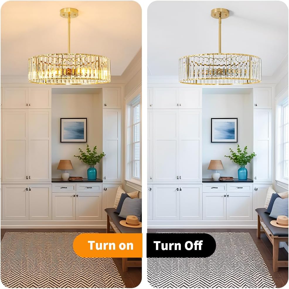 Gold Crystal Chandelier for Dining Room, 6-Light Modern Semi Flush Mount Ceiling Lighting Fixtures