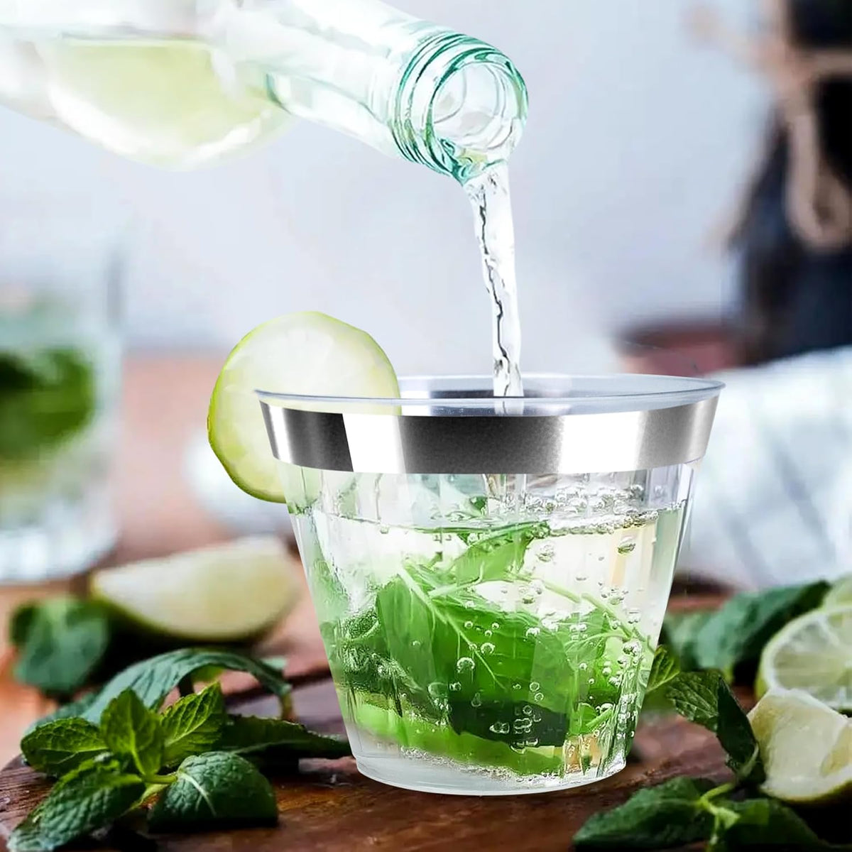[200 Pack] 9oz Clear Plastic Cups with Silver Rimmed Sturdy & Food Safe Disposable Wine Glasses