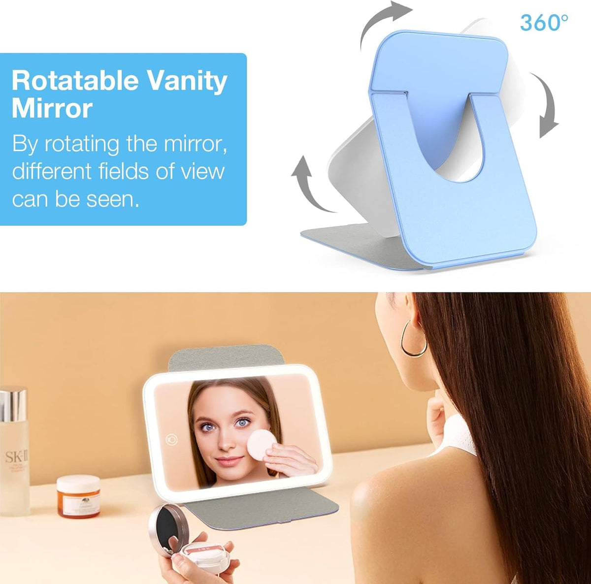 Kintion Travel Makeup Mirror, Portable LED Lighted Makeup Mirror, 360° Rotation Touch Screen Vanity