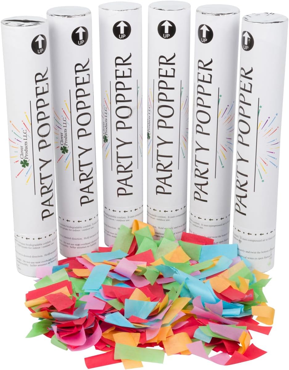 Clover Products 12" Biodegradable Confetti Cannons | 6 Pack Confetti Poppers for Weddings