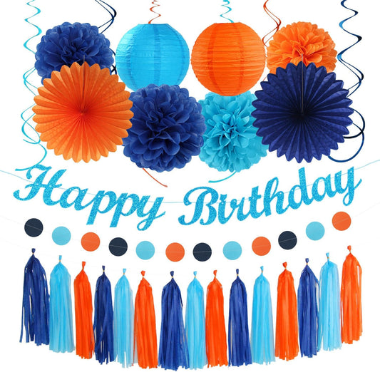 Royal-Navy Blue Orange Happy-Birthday Party-Decorations - 31pcs Men Boys Paper Lanterns Streamers