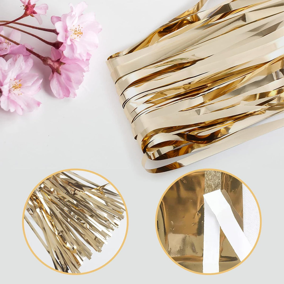 10 Pack Champagne Gold Backdrop Curtain 3.2ft x 8.2ft Metallic Tinsel Foil Fringe Curtains Photo