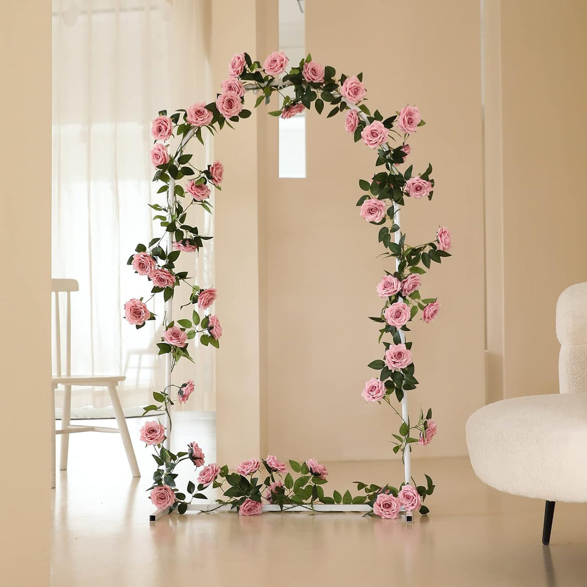 2 Strands 73'' Artificial Silk Rose Flower Vines Garland, Fake Pink Roses Floral Green Leaves