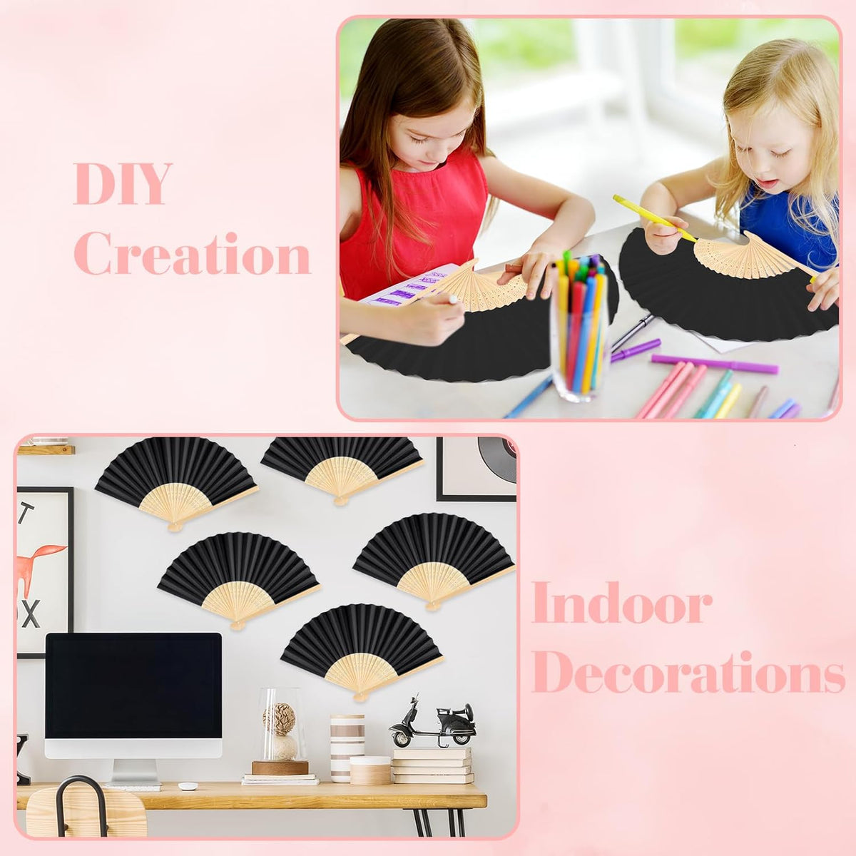 6 Pieces Black Hand Held Bamboo Folding Fans Foldable Paper Fans Handheld for Women Girls Wedding