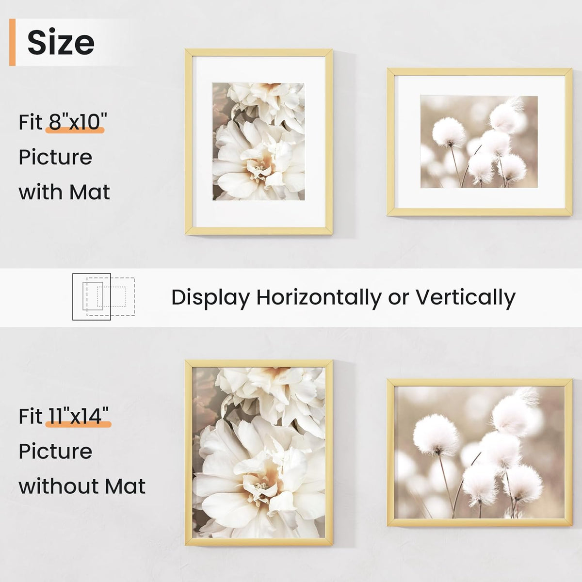 11x14 inch Picture Frame, 11x14 Photo Frames with 8x10 Removable Mat - High Definition Plexiglass