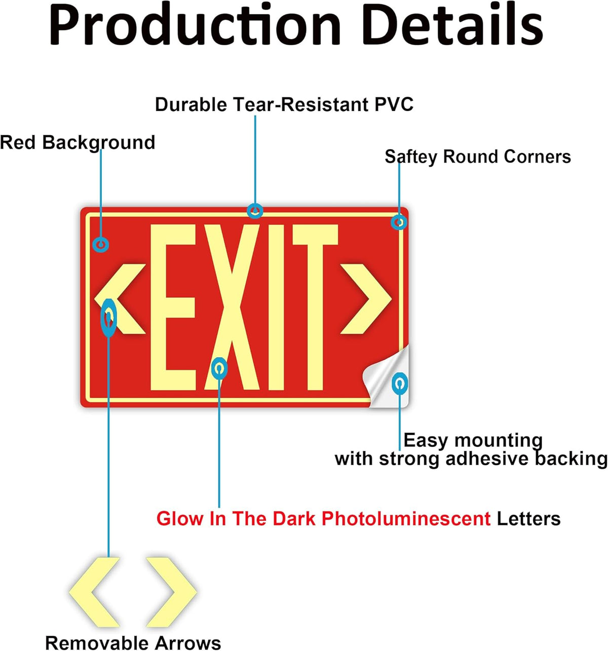 5Pack Photoluminescent Exit Sign, 12"x 7" Glow In The Dark Exit signs with Self-Adhesive Backing