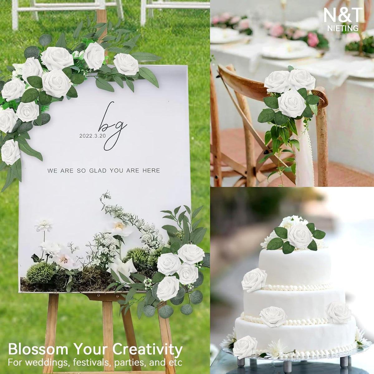 N&T NIETING Artificial Flowers, 25pcs Fake Flowers White Rose Perfect for DIY Wedding Bridesmaid