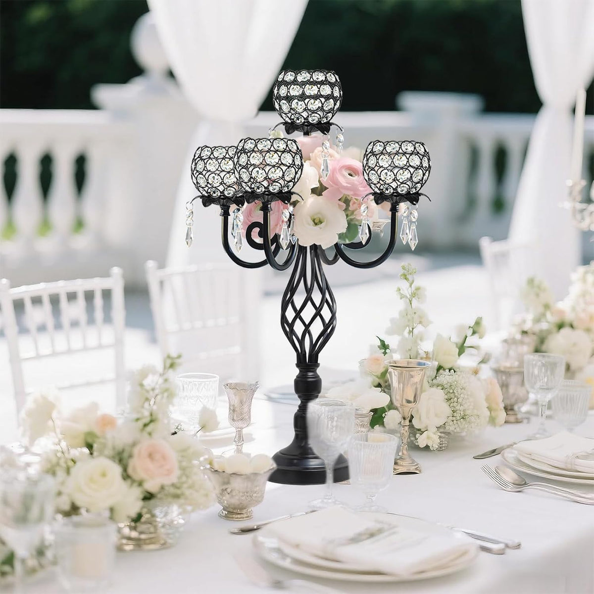 5-Arm Crystal Candelabra Centerpiece 23.2" Tall - Elegant Candle Holder Stand with Crystal Bowl