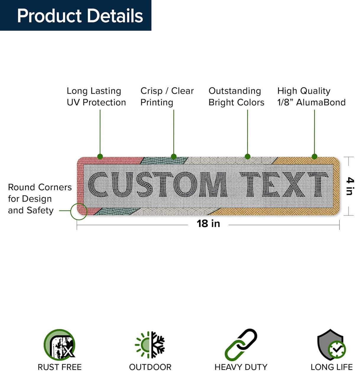 Custom Sign, Custom Street Sign, 11 Font Colors, 13 Font Styles, 4 Hole Options, 22 Sizes, 4x18