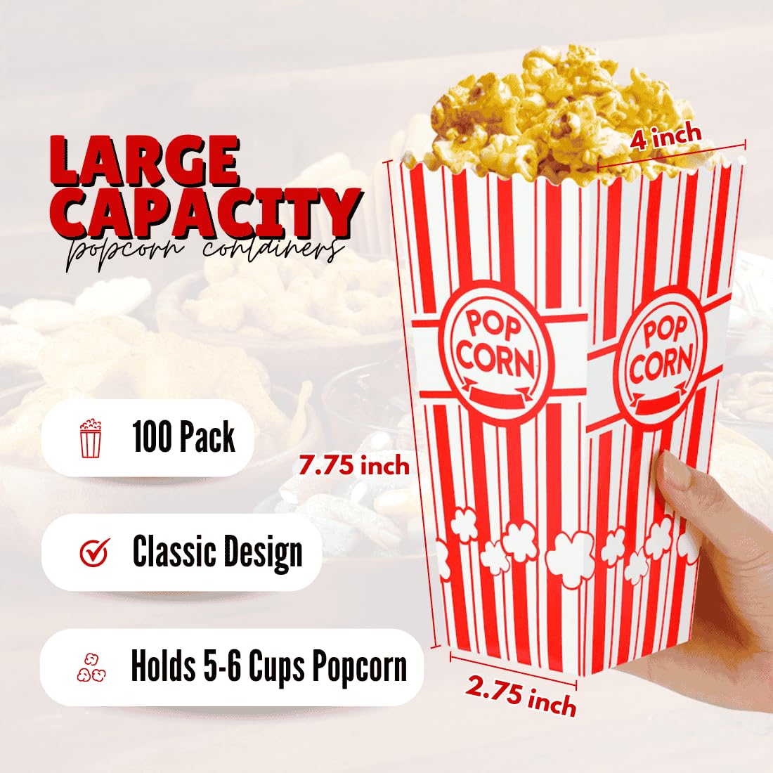 ZEEGO0 100-Pack Popcorn Boxes, Sturdy and Durable Popcorn Bucket, 7.75in Tall Large Capacity
