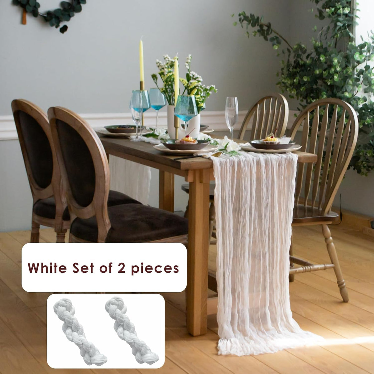 White Cheesecloth Table Runner Set of 2, Cotton Gauze Runner Rustic Table Decorations, Cheese cloth
