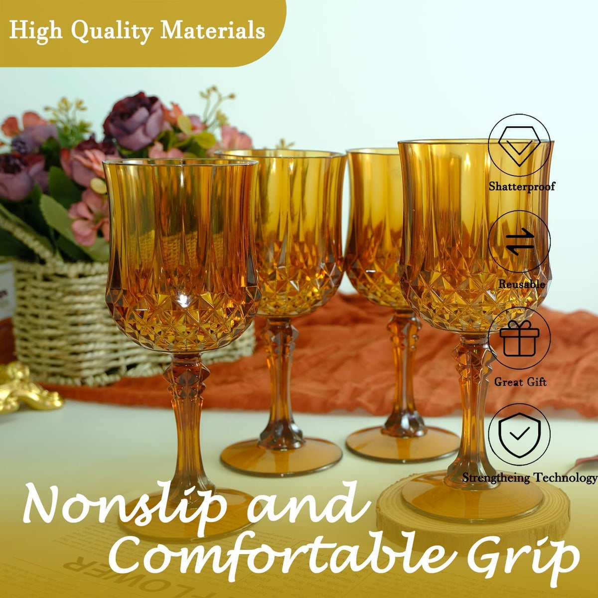 Plastic Wine Glasses，100PCS Amber Plastic Goblets Vintage Style Cordial Drinking Glasses for