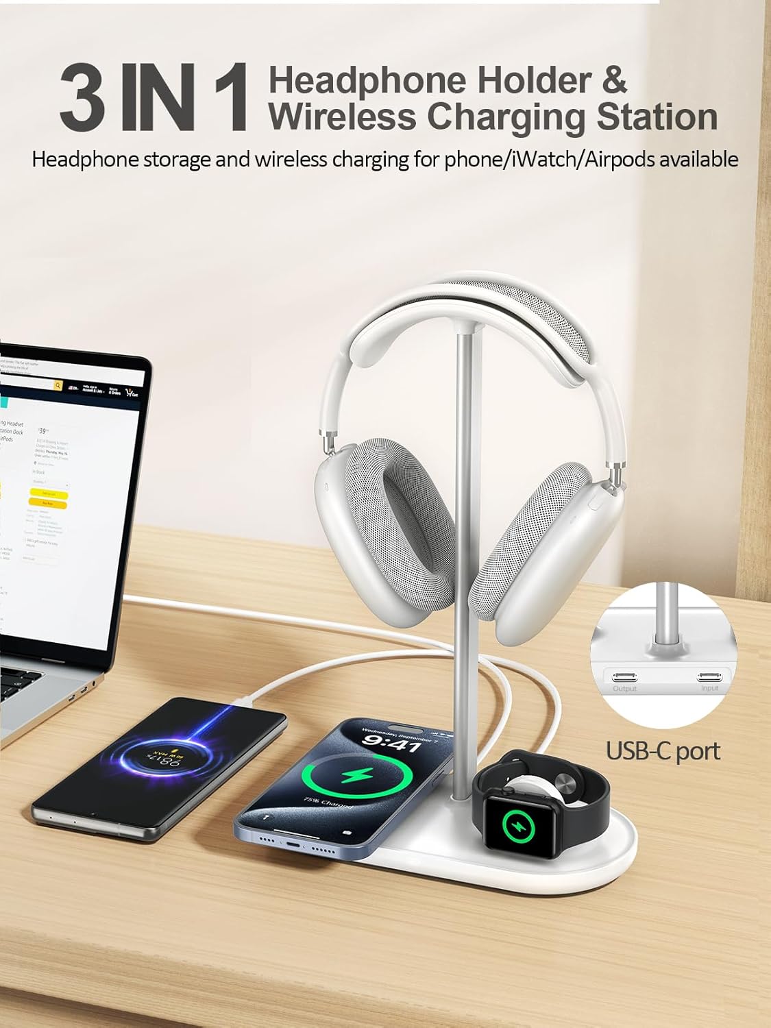 TopMade 5 in 1 Headphone Stand for Desk with Wireless Charger & USB Charging for