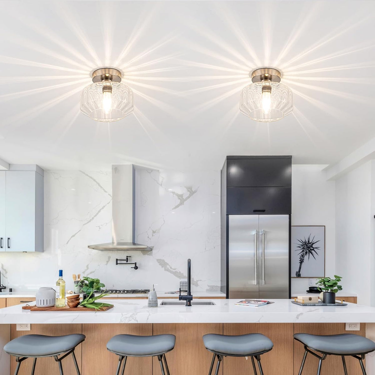 Brushed Nickel Semi Flush Mount Ceiling Light Fixture with Textured Glass & Included 1200 Lumens