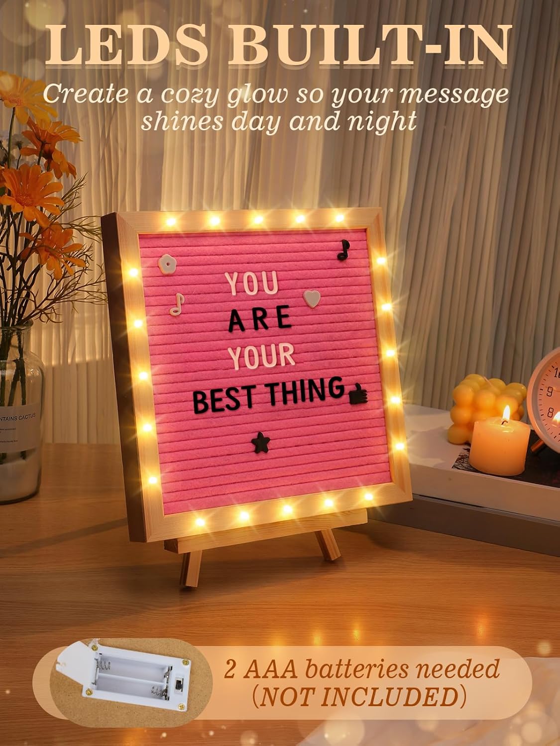 Light up Changeable Felt Letter Board Sign with LED Lights - 10×10" Message Board& Wood Stand& 450