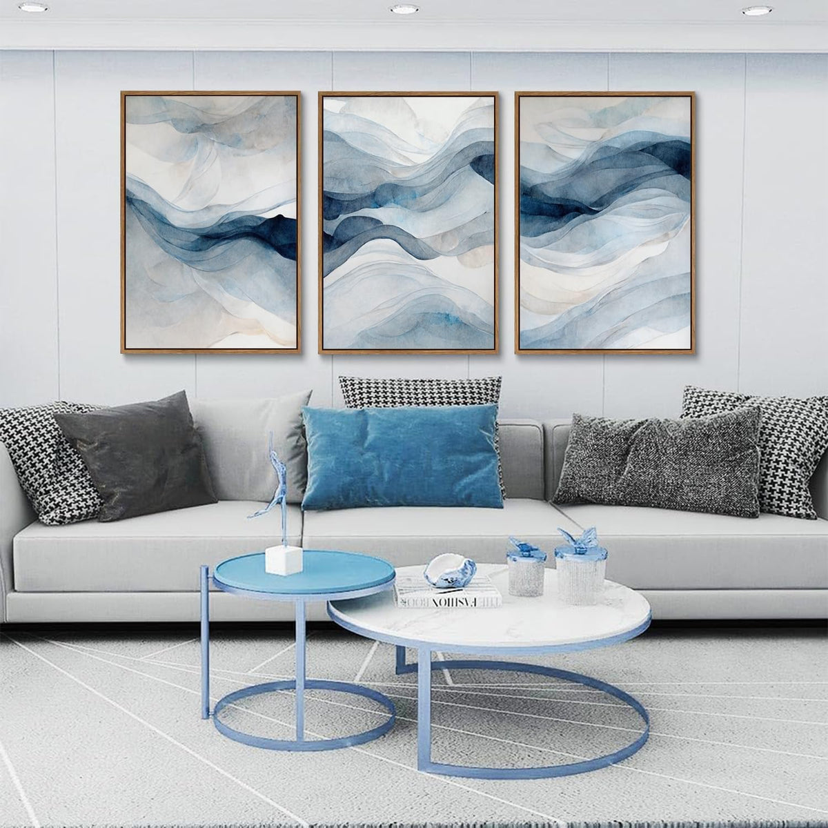 myusuar 3 Piece Large Abstract Framed Wall Art For Living Room, Smoke Texture Ink Navy Blue Canvas