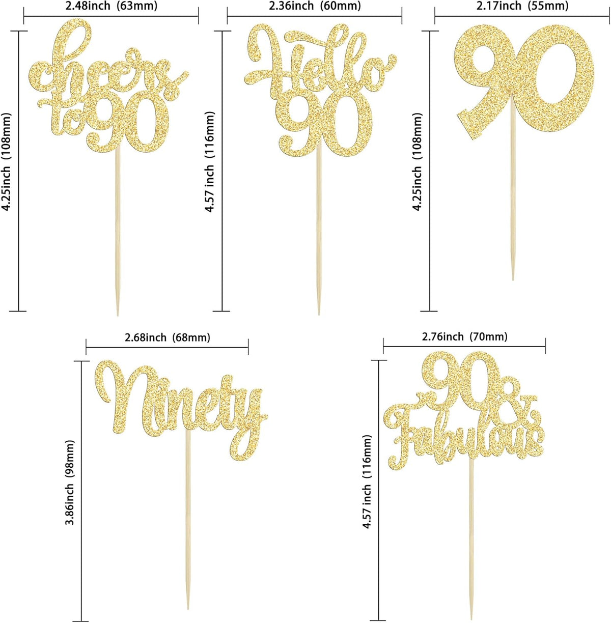 30pcs Happy 90th Birthday Cupcake Toppers - Gold Glitter Ninety Cheers to 90 Years Old Cupcake