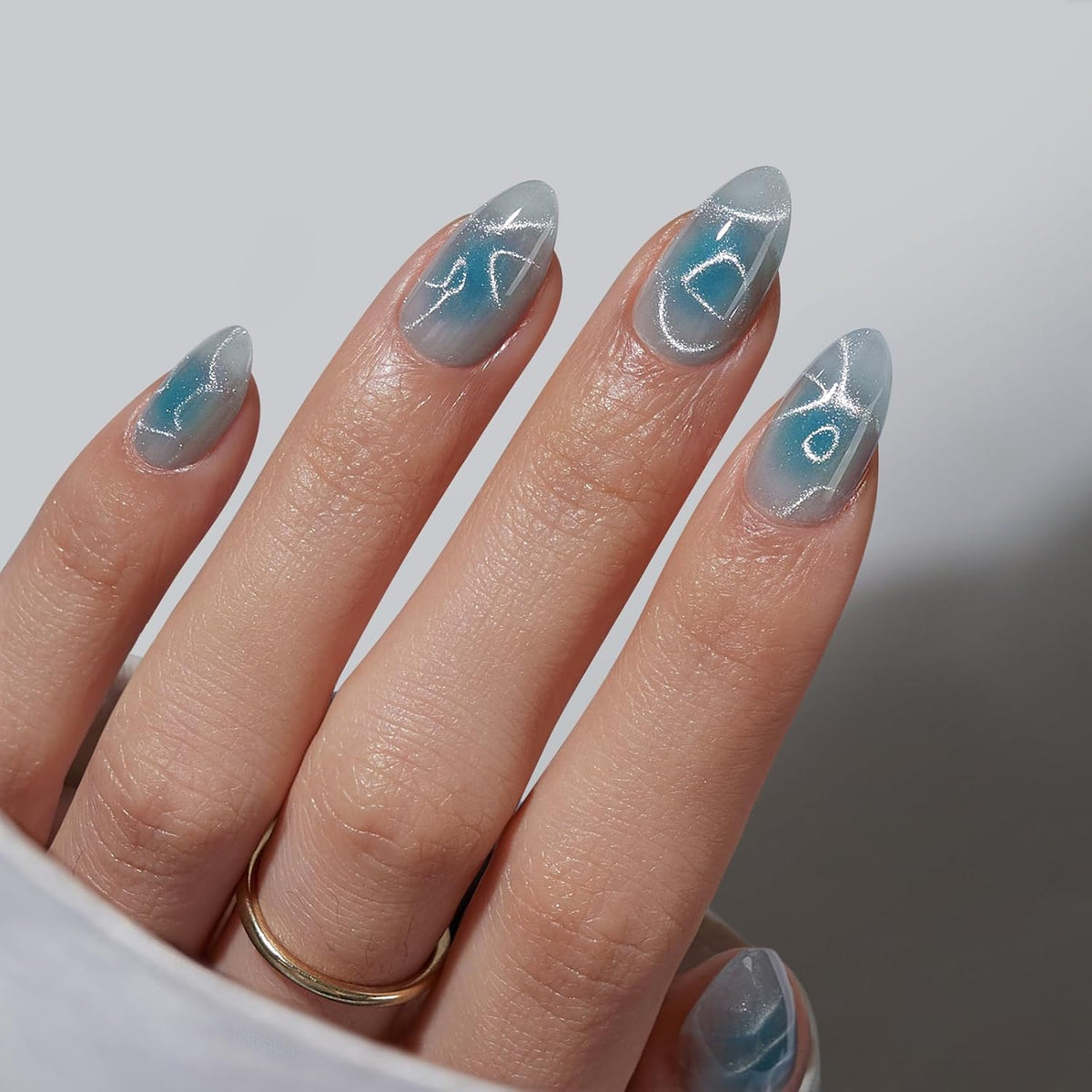 BTArtbox Press On Nails Short - Lamp-Curable Sparkly Blue Almond Press On Nails with Glue for