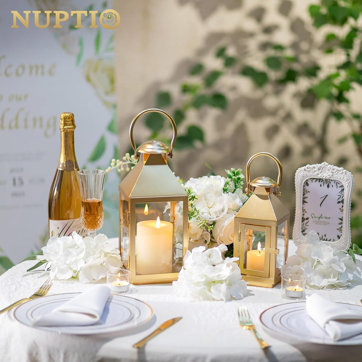 NUPTIO Gold Lanterns Decorative for Wedding: 11.2 Inch Tall Metal Lantern Decor with Glass