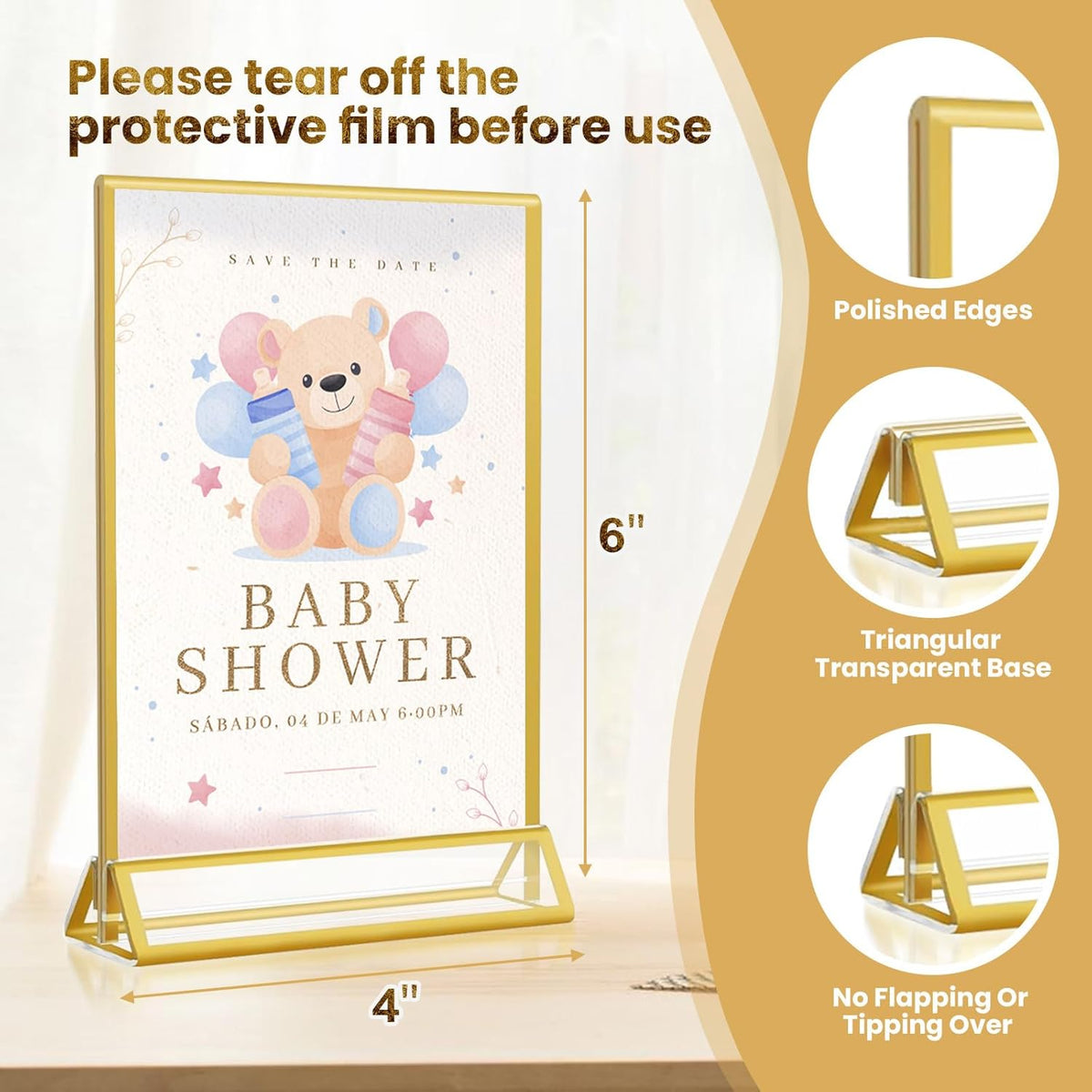 Acrylic Gold Sign Holders 4x6, 12 Pack Wedding Gold Table Number Holders, Double Sided Photo