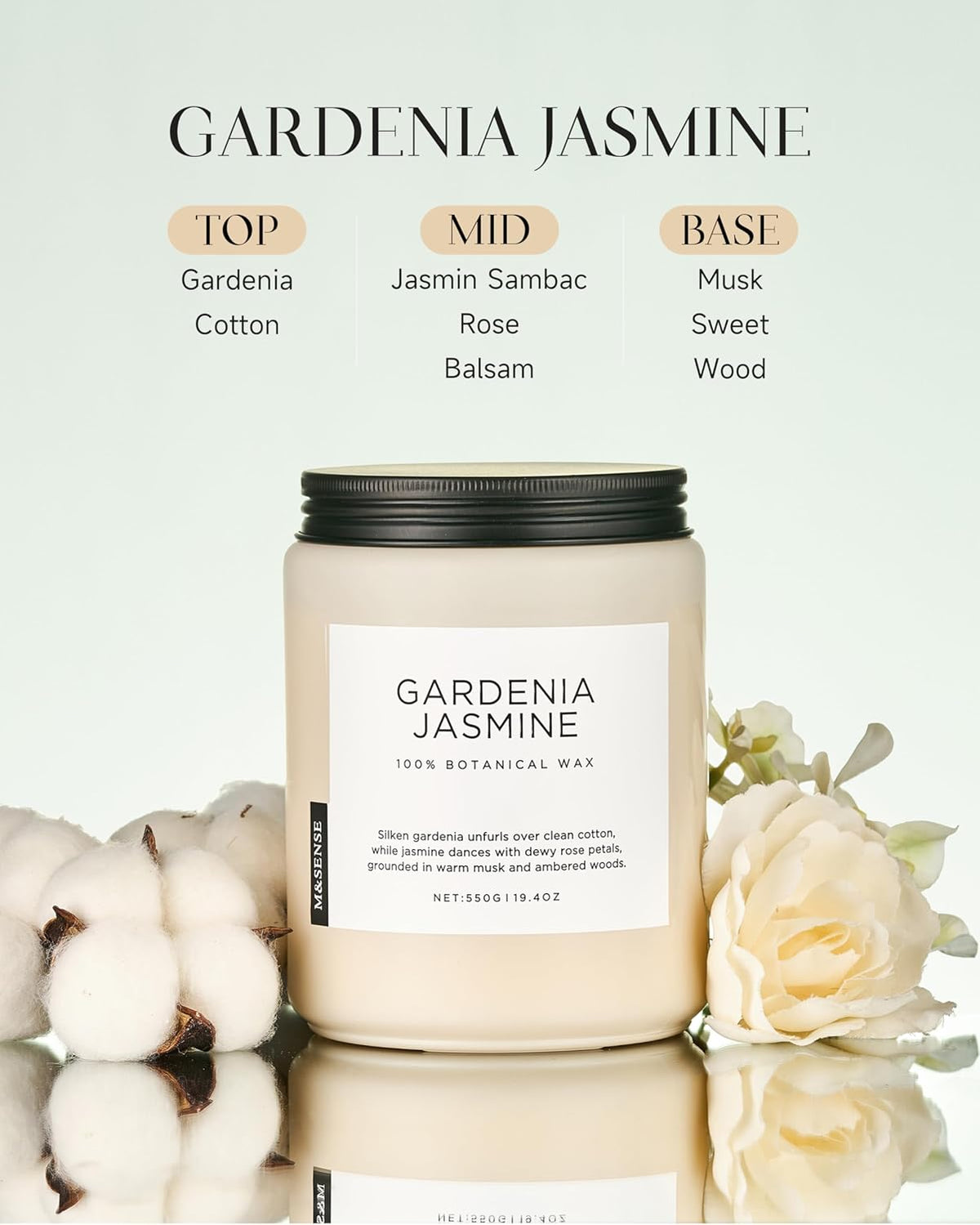M&SENSE Gardenia Jasmine Scented Candle, 110 Hours Slow Burning Clean Non Toxic 19.4oz 2 Wicks
