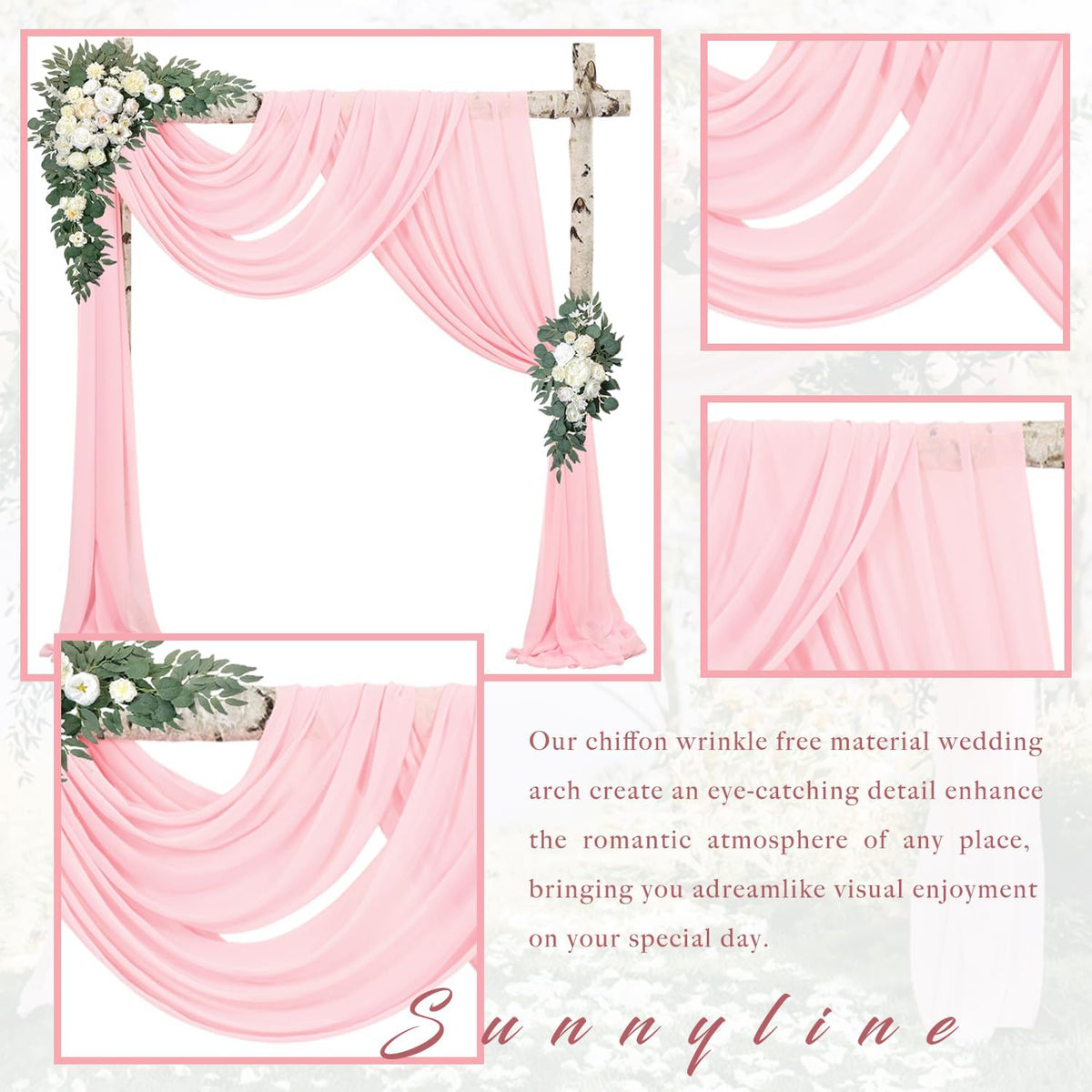 4 Panels Wedding Arch Draping Fabric 20Ft Length x 28" Width Light Pink Arch Drapes Chiffon Fabric