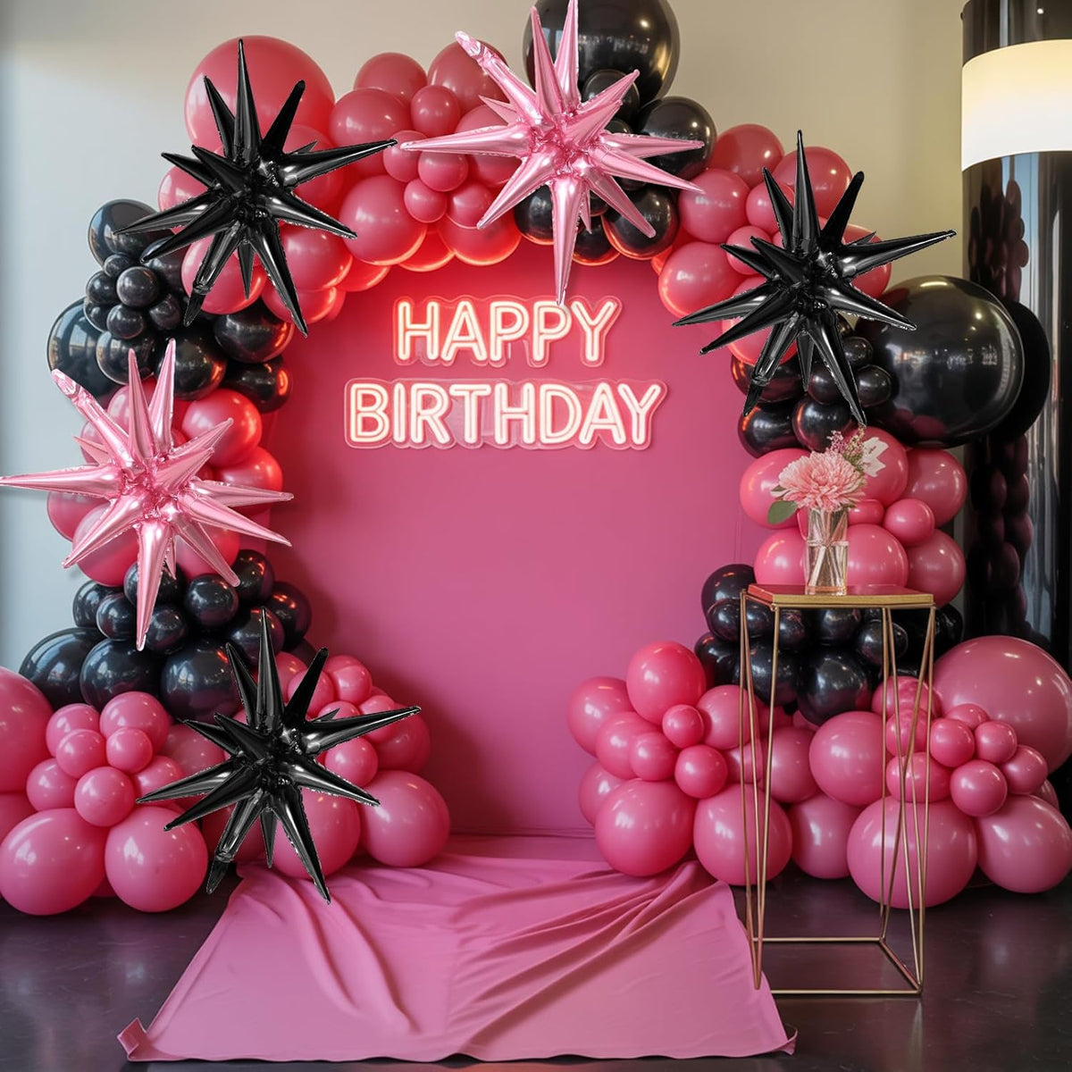 Pink Black Star Balloons,9Pcs 22Inch Black and Pink Explosion Spike Cone Helium Polyester Film Star