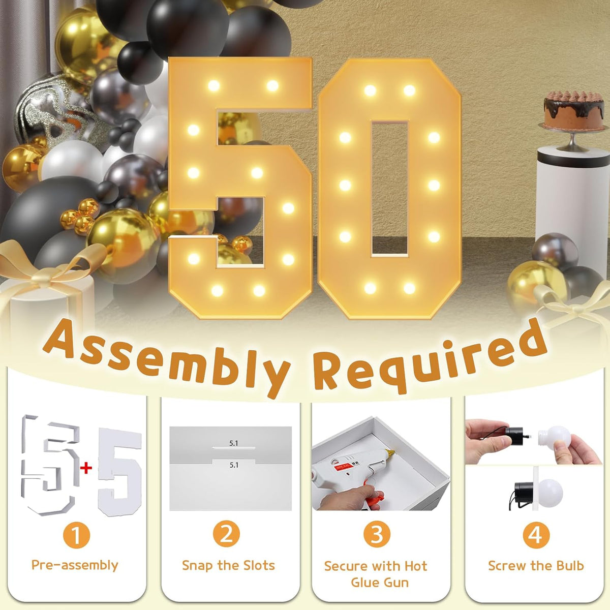imprsv 4FT Light Up Numbers, Marquee Numbers 50th Birthday Decorations for Women Men, Large Light