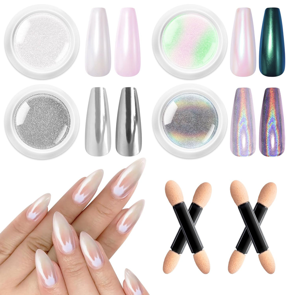 4pcs Chrome Nail Powder: Upgrade Silver Mermaid Effect White Chrome Nail Powder,Iridescent Aurora