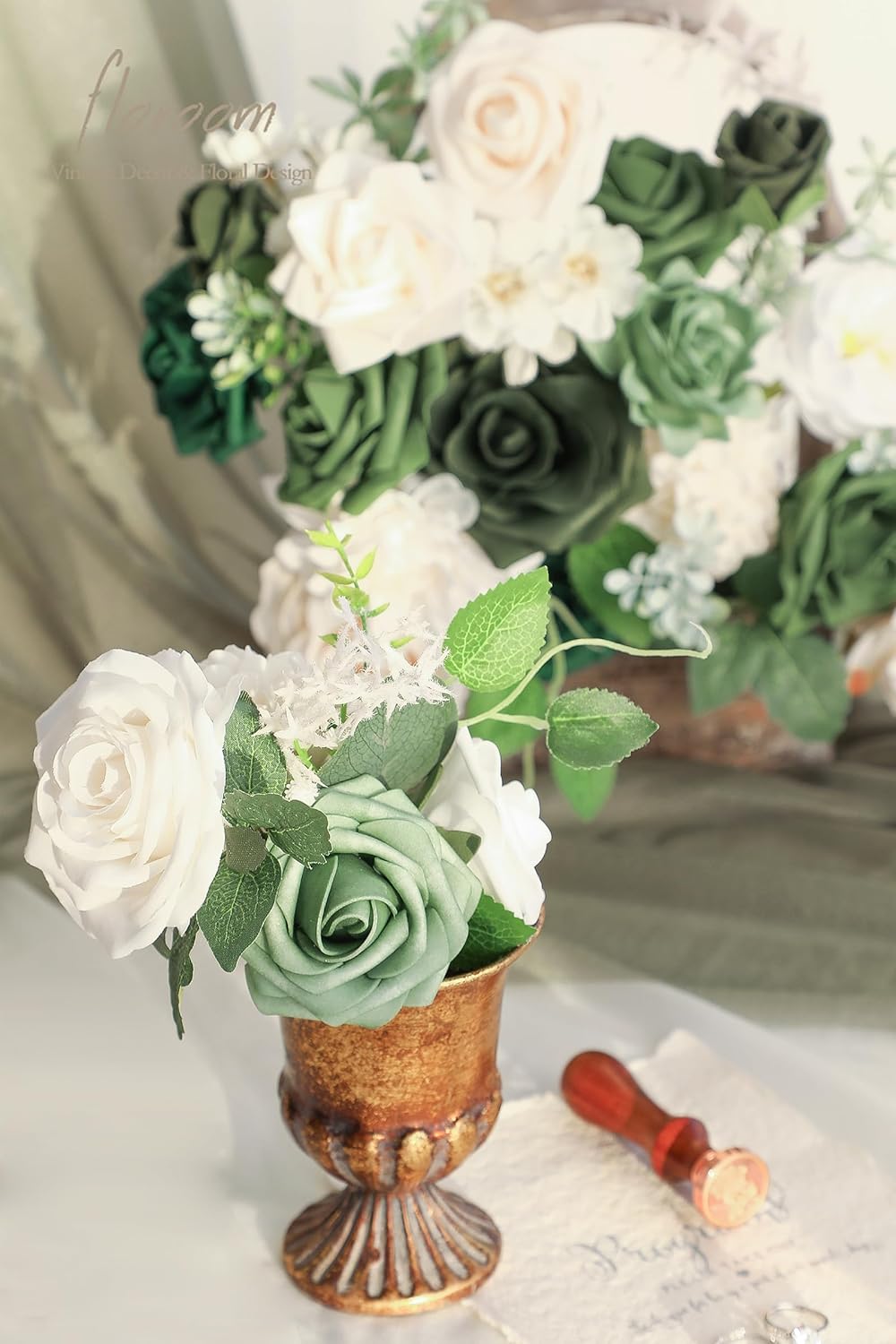 Floroom Olive Green Artificial Flowers Forest Green Fake Roses Peonies Dahlia Greenery Combo Box