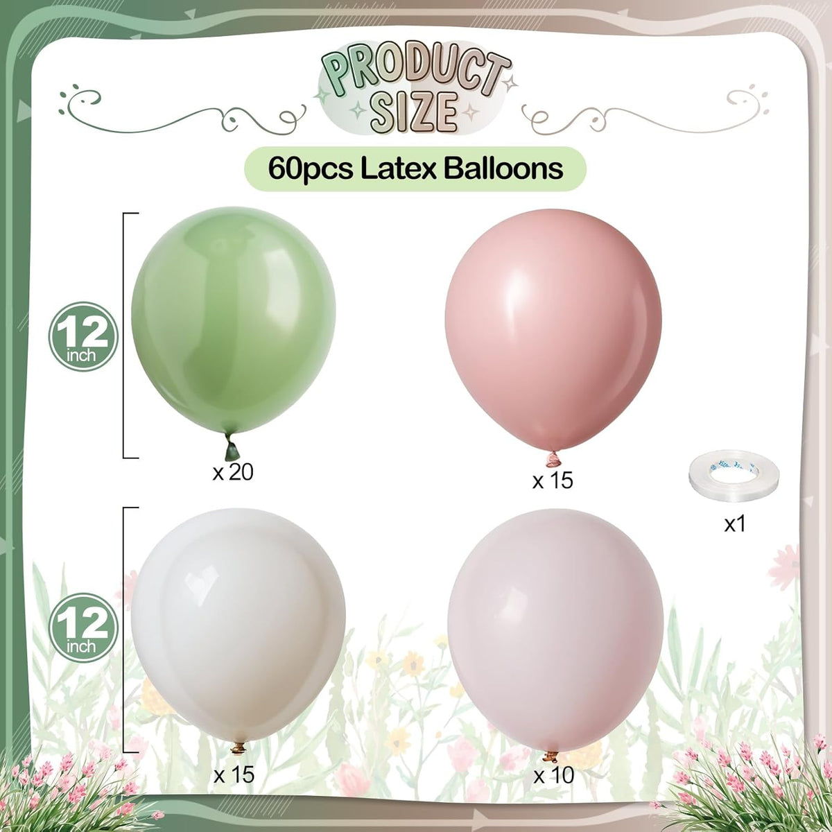 Sage Green Pink Balloons, 60 Pcs 12 Inch Retro Dusty Pink Olive Green Balloons, Blush Sand White