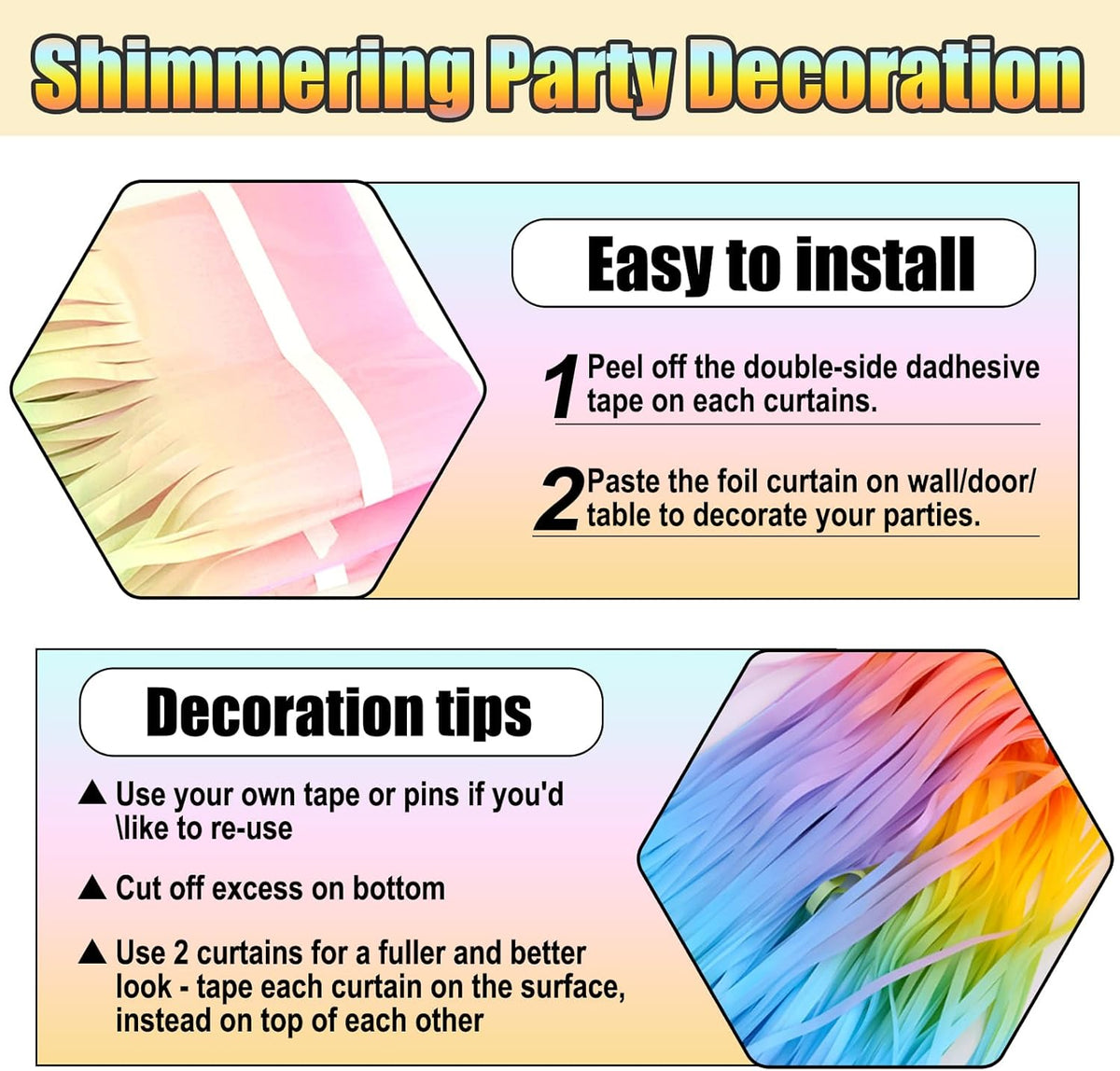 3 Pack Rainbow Foil Fringe Curtain Backdrop, 3.28Ft x 8.2Ft Metallic Tinsel Foil Fringe Streamer