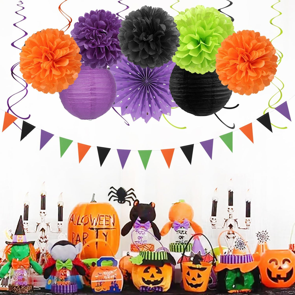 Black Purple Orange-Green Halloween Party-Decorations - 20pcs Paper Lanterns Fans,Tissue Pom