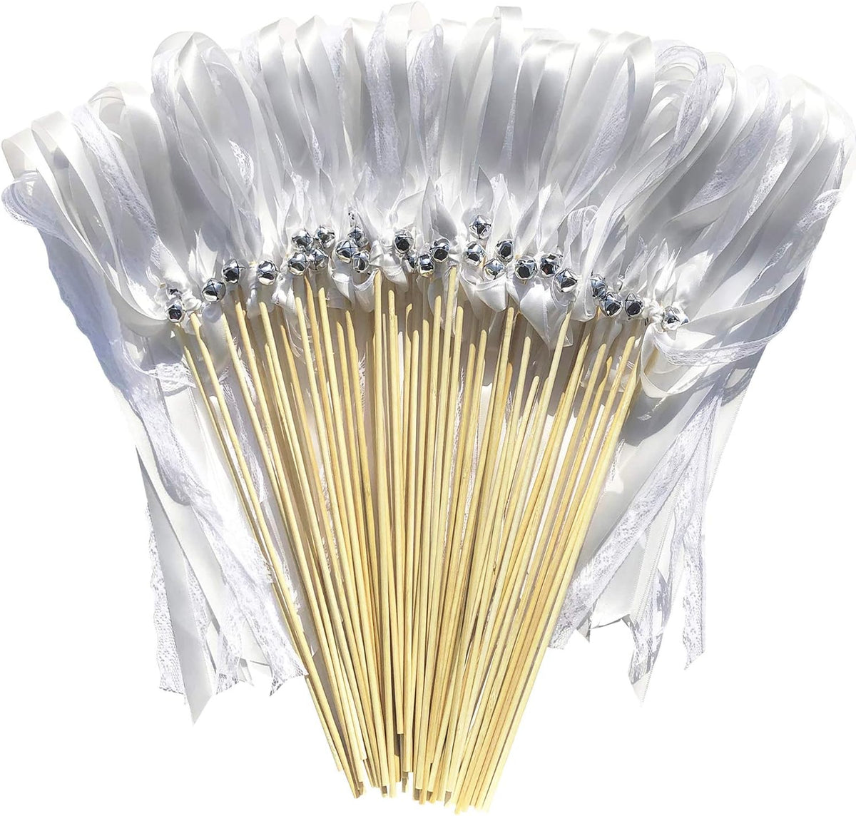 Kingsnow 50 Pack White Lace Ribbon Wands Wedding Streamers with Silver Bells, Silk Fairy Stick Wish
